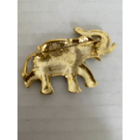 Vintage Gold & Black Enamel Elephant Trunk Up Brooch with Rhinestones - Picture 4 of 6